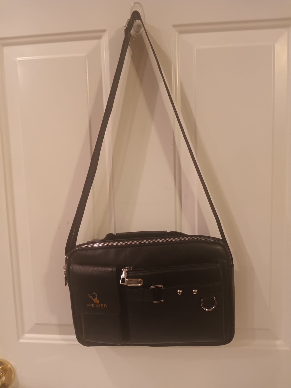 Mens New Black Leather Messenger Bag with Front Pocket - Wexier
